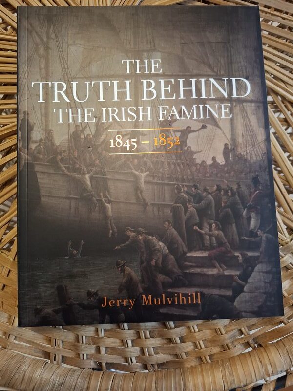 The Truth Behind the Irish Famine book cover showing a painting of an emigrant ship